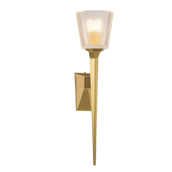 Verity 1-ljus vägglampa borstad mässing/klart glas 50,6cm IP44
