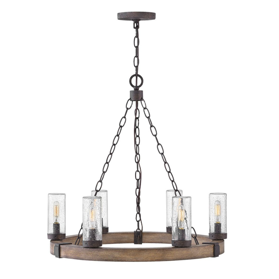 Sawyer 6-ljus utomhus ljuskrona sequoia trä/rost järn 61 cm IP44 Hinkley Lighting Sawyer 6-ljus utomhus ljuskrona sequoia trä/rost järn 61 cm IP44