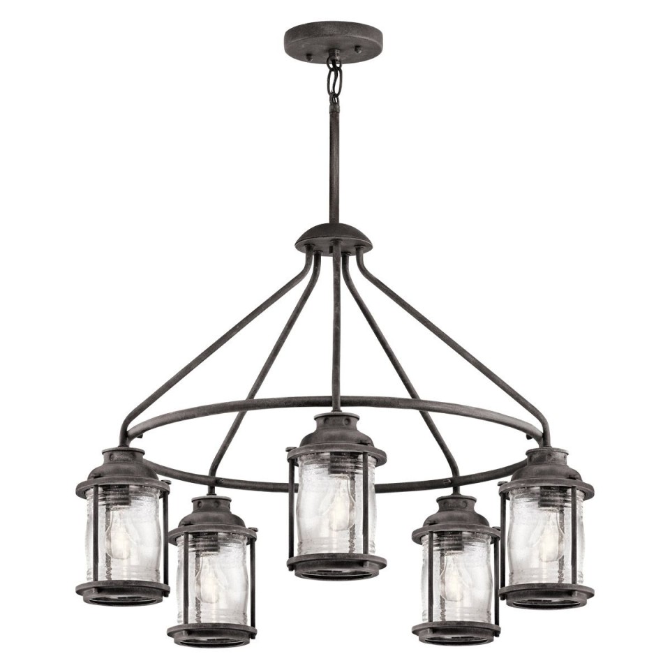 Ashland Bay 5-Lt Outdoor Chandelier Weathered Zinc/Glass 66.3cm IP44