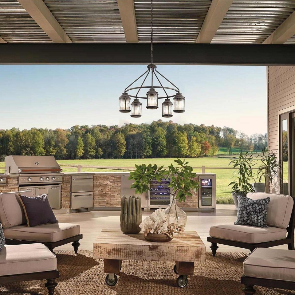 Ashland Bay 5-Lt Outdoor Chandelier Weathered Zinc/Glass 66.3cm IP44