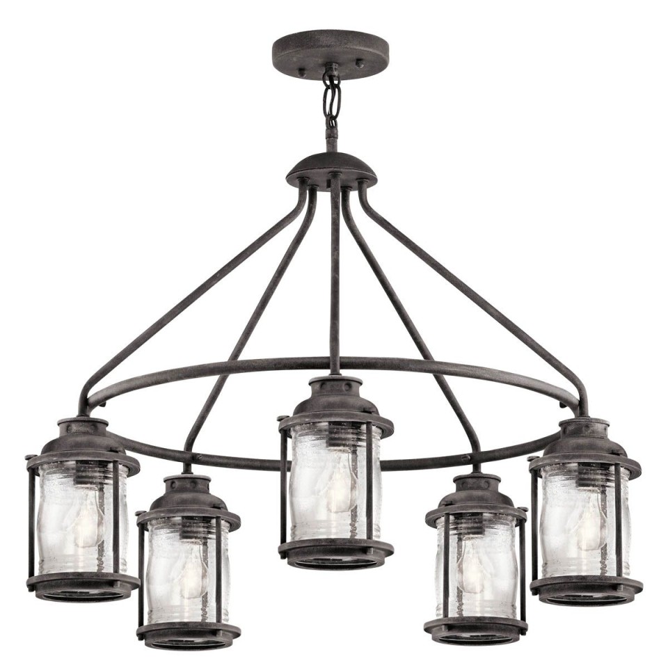 Ashland Bay 5-Lt Outdoor Chandelier Weathered Zinc/Glass 66.3cm IP44
