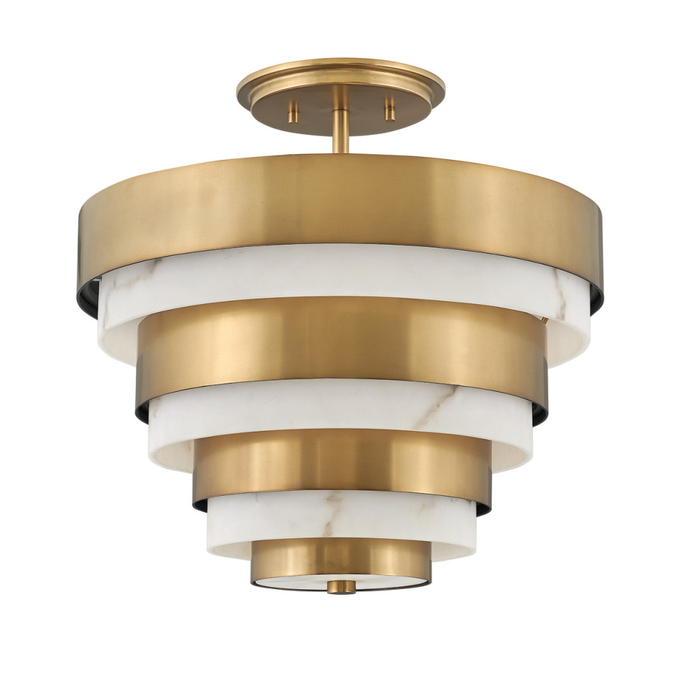Echelon 3-Lt Semi-Flush Fitting Light Heritage Brass/White 37.3cm Quintesse Lighting Echelon 3-Lt Semi-Flush Fitting Light Heritage Brass/White 37.3cm