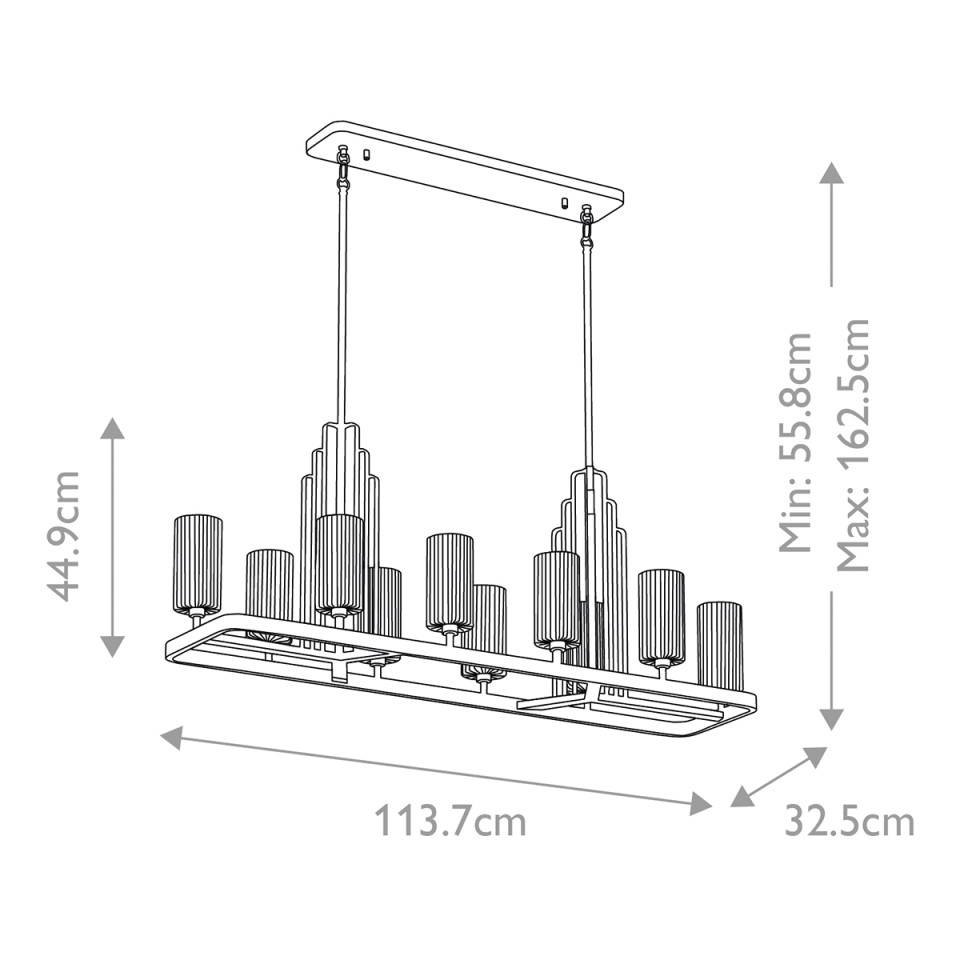 Kimrose 10-Lt Linear Chandelier Polished Nickel/Clear 113.7cm