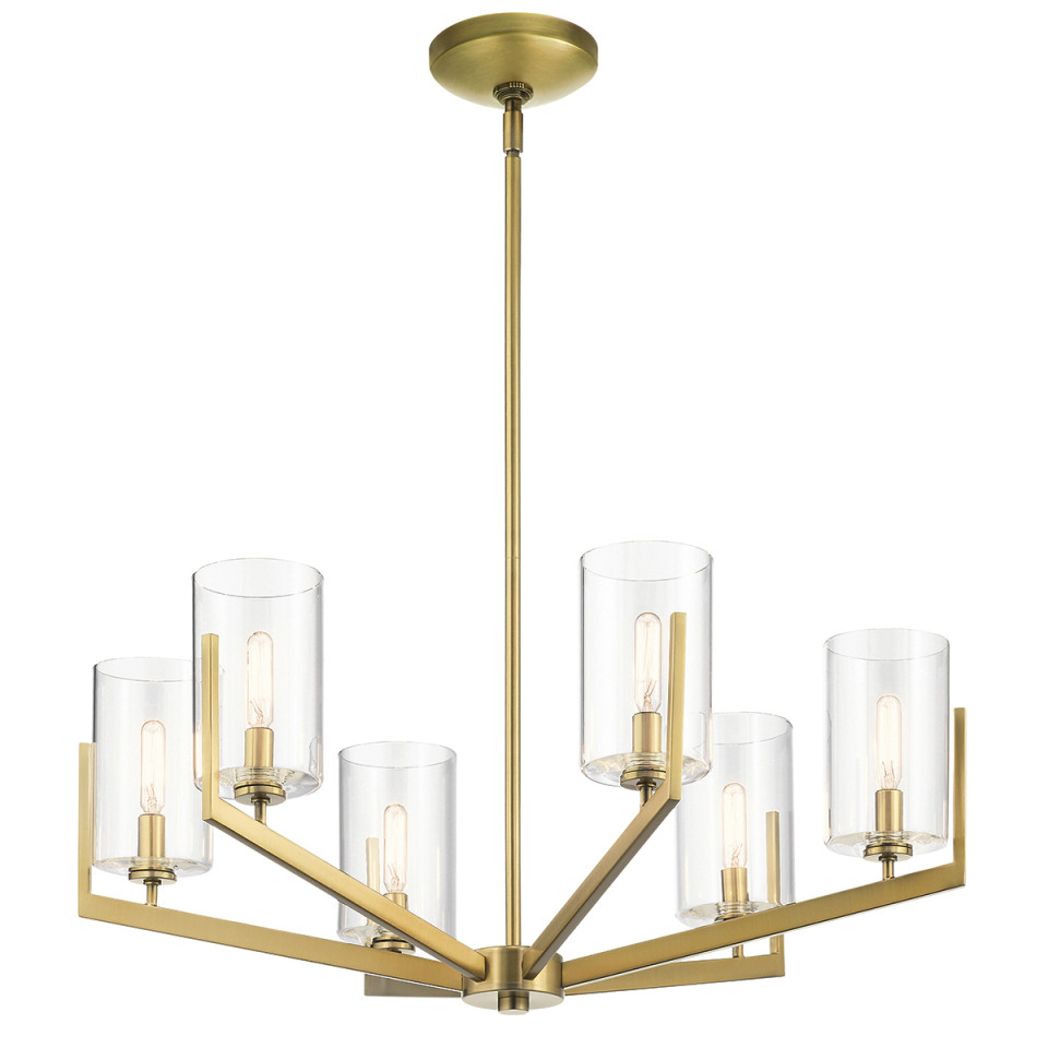 Nye 6-Lt Chandelier Brass/Clear 71.1cm Quintesse Lighting Nye 6-Lt Chandelier Brass/Clear 71.1cm
