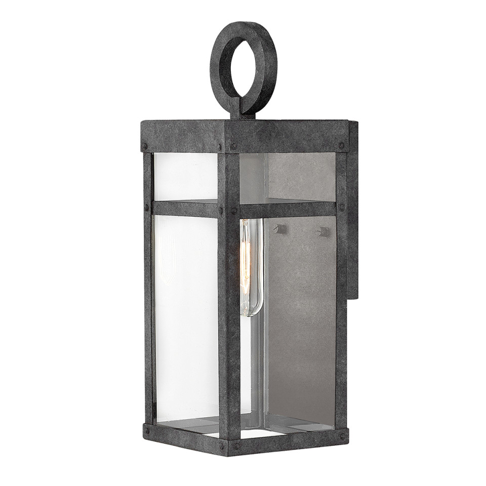 Porter 1-Lt Small Outdoor Wall Lantern Aged Zinc/Clear 33.6cm Quintesse Lighting Porter 1-Lt Small Outdoor Wall Lantern Aged Zinc/Clear 33.6cm
