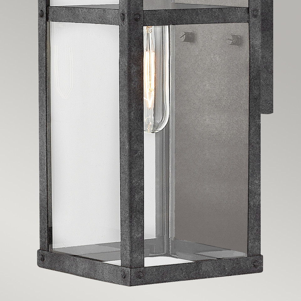 Porter 1-Lt Small Outdoor Wall Lantern Aged Zinc/Clear 33.6cm Quintesse Lighting Porter 1-Lt Small Outdoor Wall Lantern Aged Zinc/Clear 33.6cm