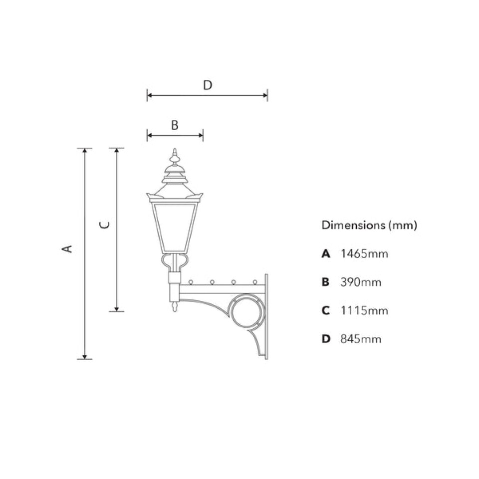 Viktoriansk traditionell stor utomhusvägglampa i gjutjärn/galvaniserat stål 147 cm IP65