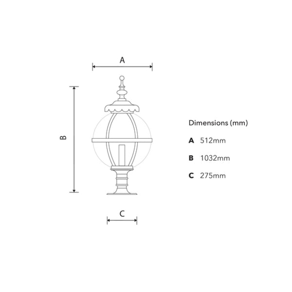 Viktoriansk glob utomhus portlykta för platta pelarlock, gjutjärn/galvaniserat stål, 103 cm IP65