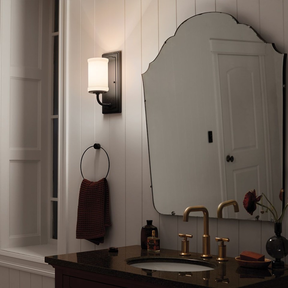 Vetivene 1-lt bathroom wall light textured black/opal glass 30.5 cm IP44