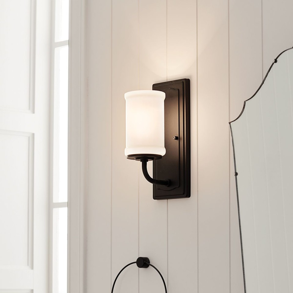 Vetivene 1-lt bathroom wall light textured black/opal glass 30.5 cm IP44