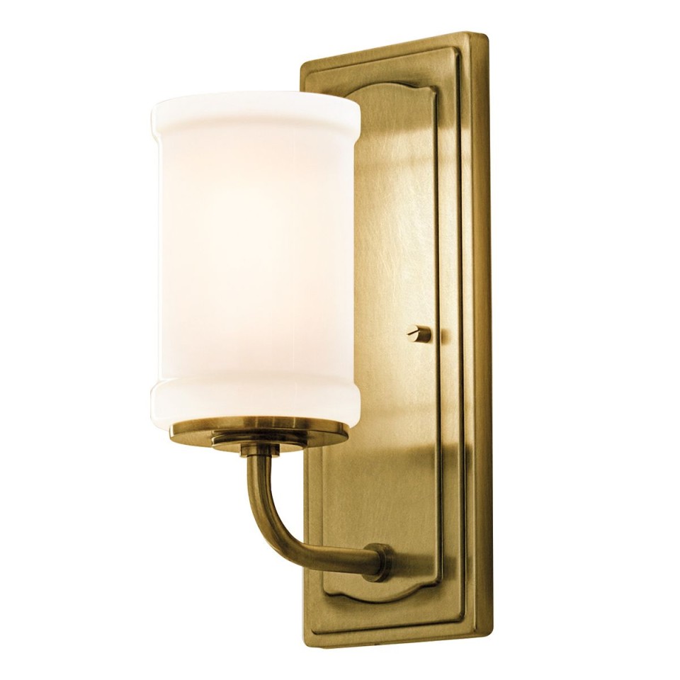 Vetivene 1-lt bathroom wall light natural brass/opal glass 30.5 cm IP44