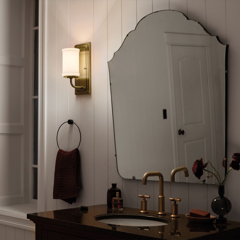 Vetivene 1-lt bathroom wall light natural brass/opal glass 30.5 cm IP44