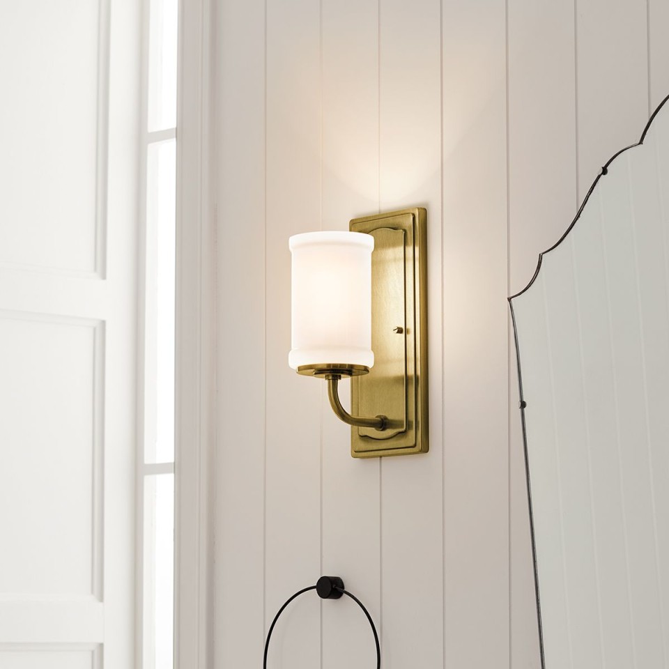 Vetivene 1-lt bathroom wall light natural brass/opal glass 30.5 cm IP44