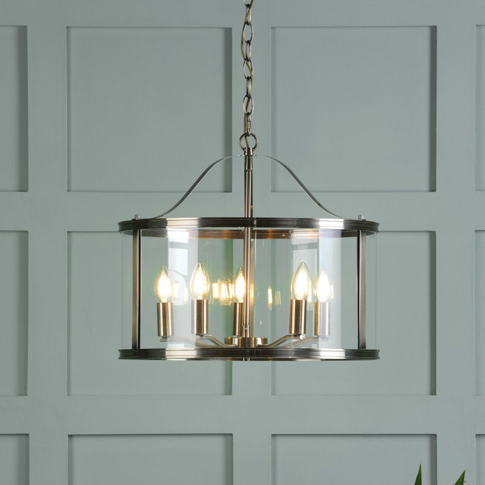 Harrington 5-lt taklampa mässing/glas 48cm