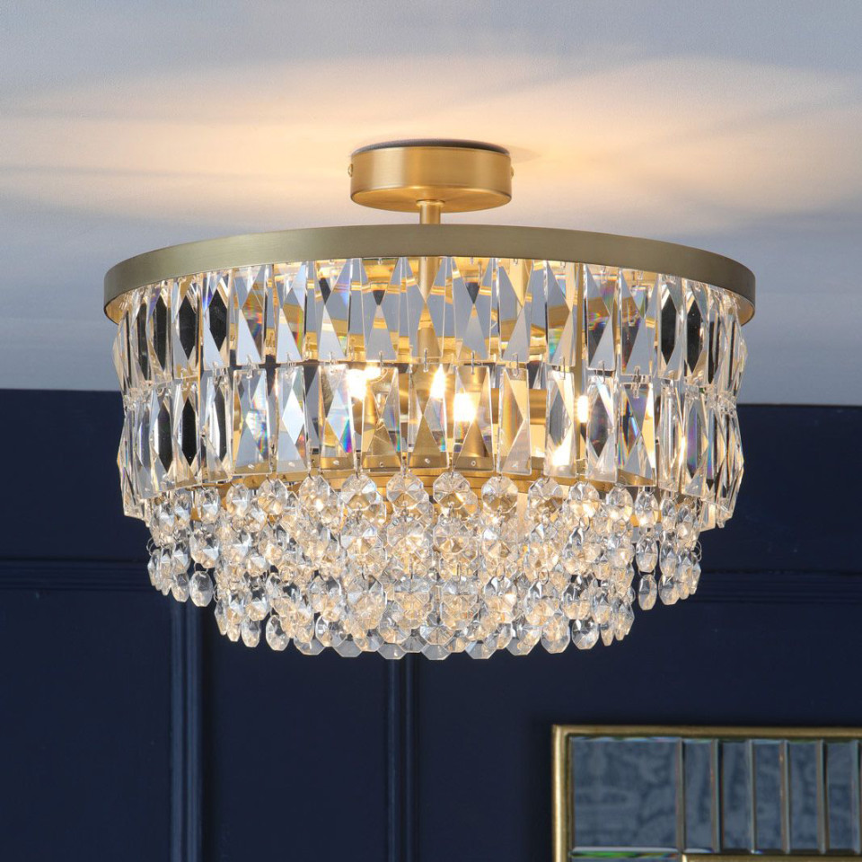 Rhosill 3-lt halvspolad taklampa mässing/glas 40cm