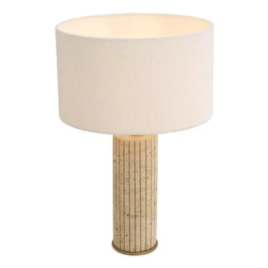Giova Round Table Lamp Travertine/Bouclé Shade 64cm