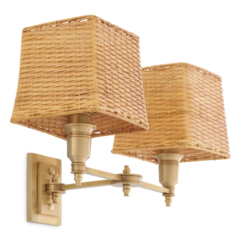 Lexington dubbel vägglampa antikmässing/rattan 27 cm