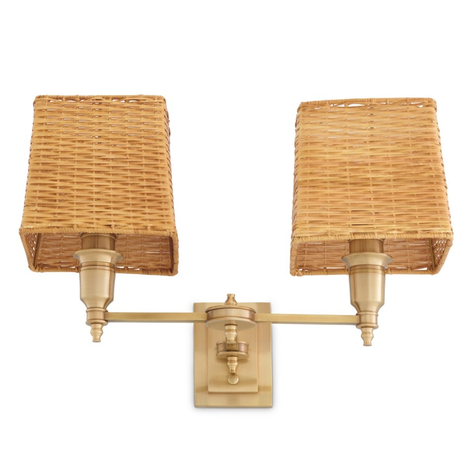 Lexington dubbel vägglampa antikmässing/rattan 27 cm