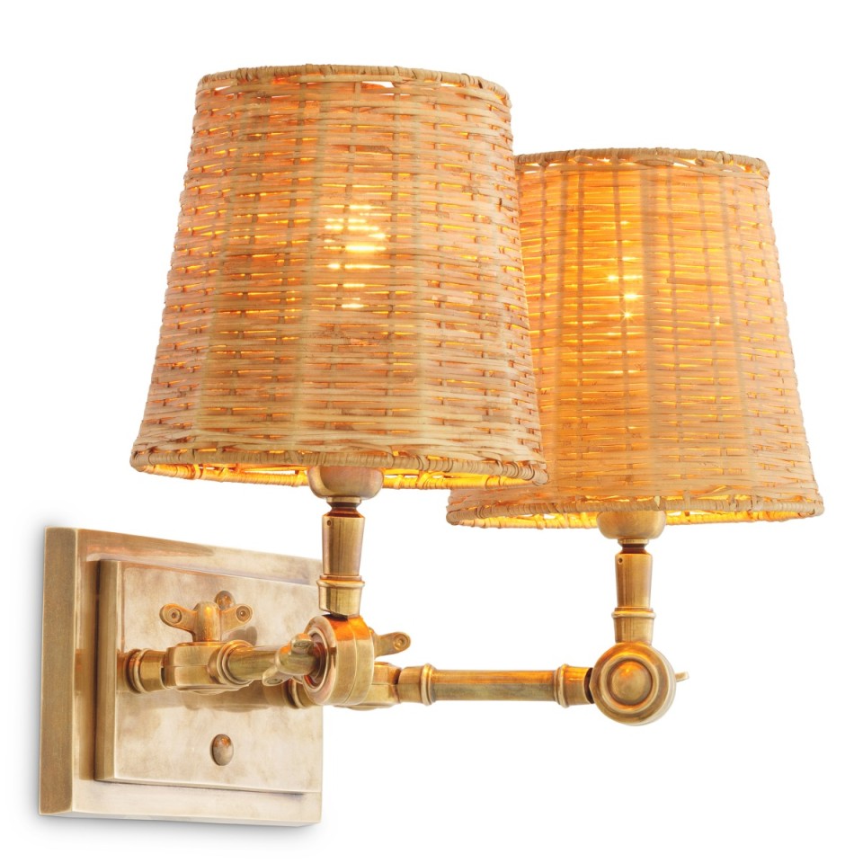 Wentworth dubbel vägglampa vintage mässing/rattan 25,5 cm