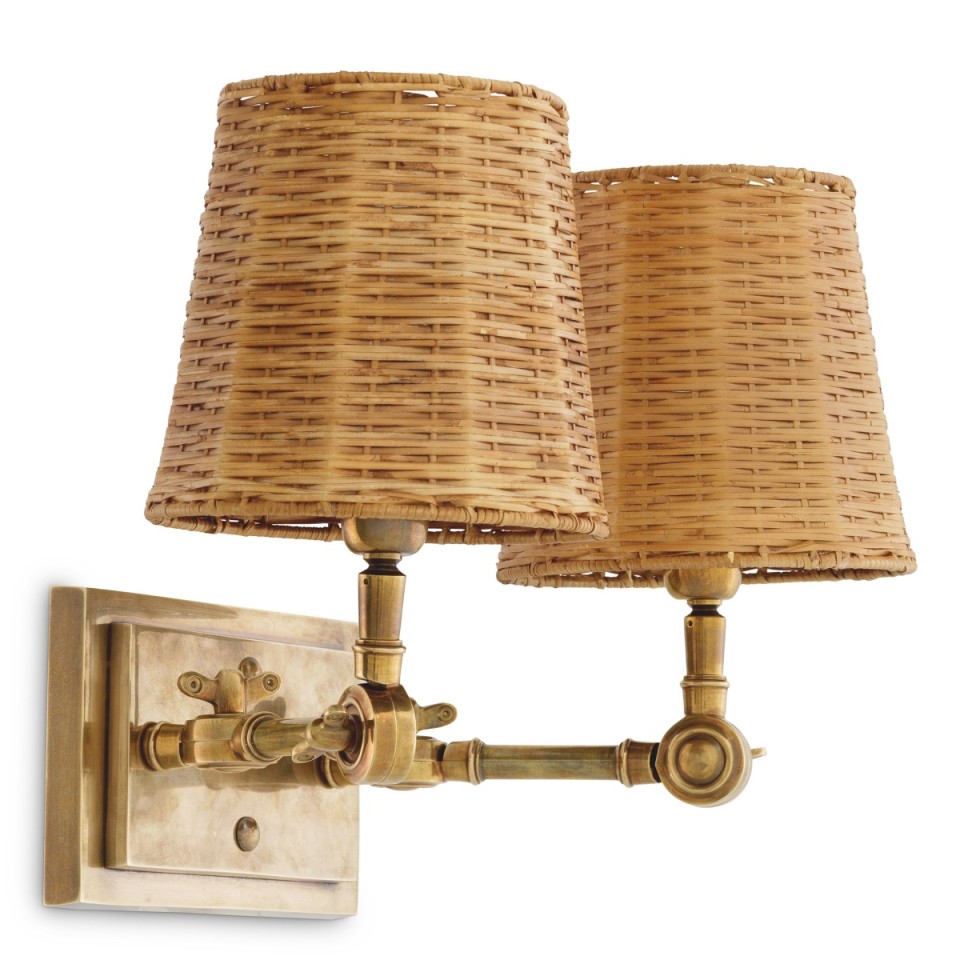 Wentworth dubbel vägglampa vintage mässing/rattan 25,5 cm