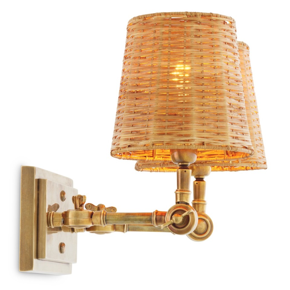Wentworth dubbel vägglampa vintage mässing/rattan 25,5 cm