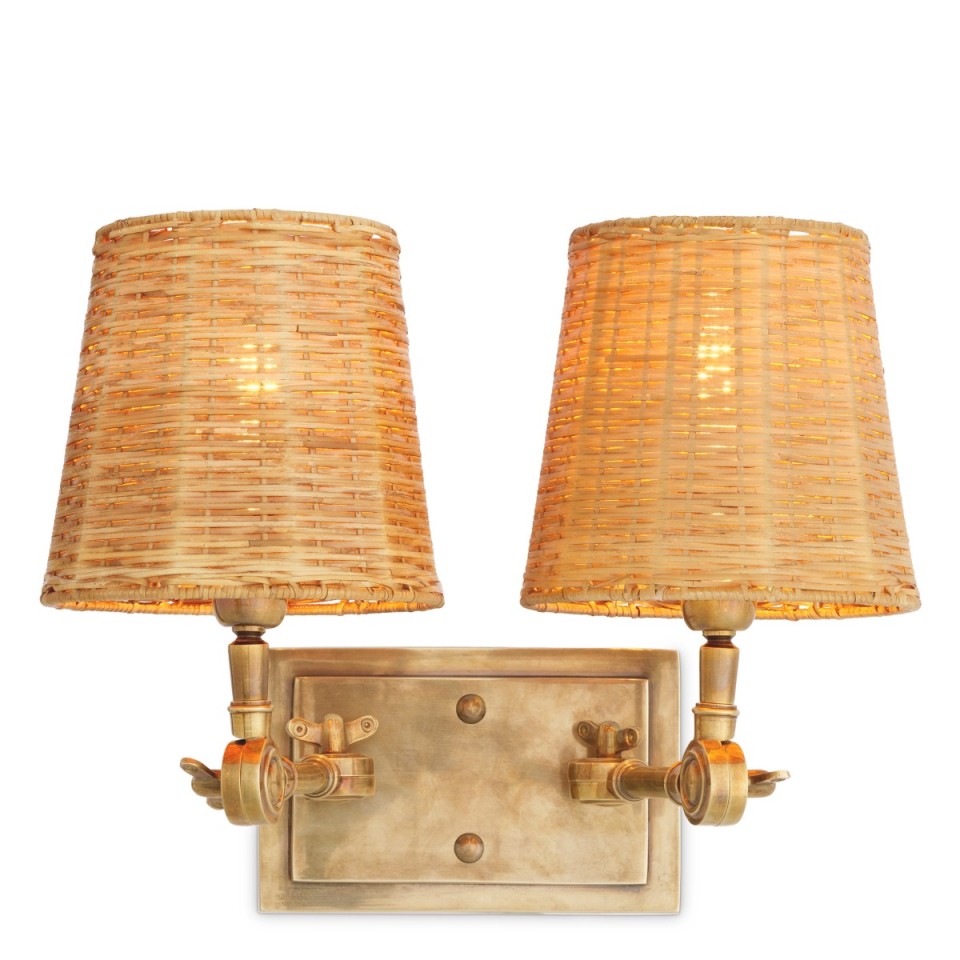 Wentworth dubbel vägglampa vintage mässing/rattan 25,5 cm