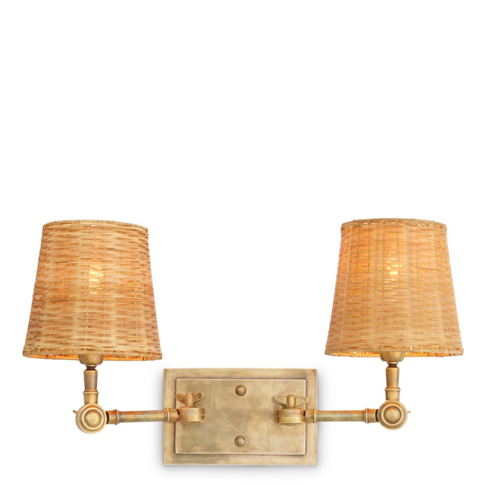 Wentworth dubbel vägglampa vintage mässing/rattan 25,5 cm