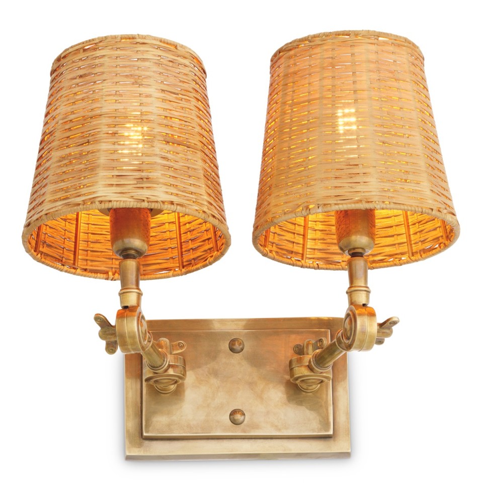Wentworth dubbel vägglampa vintage mässing/rattan 25,5 cm