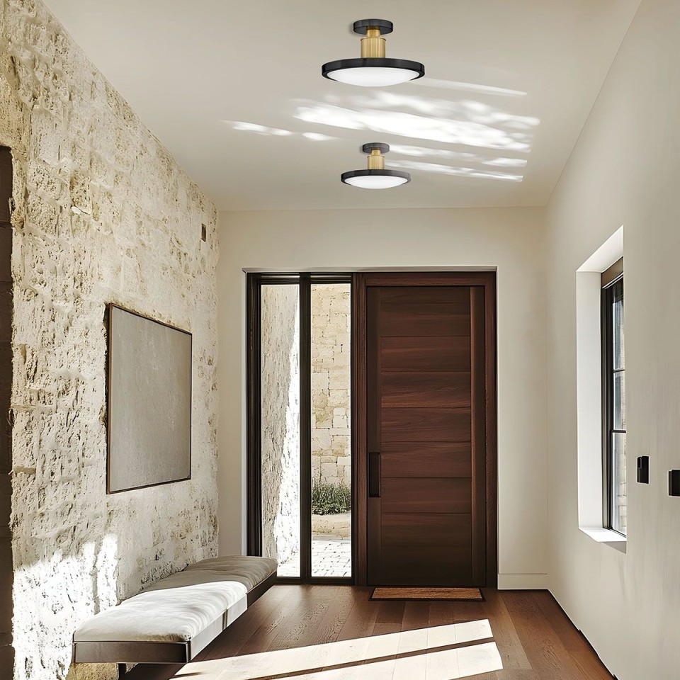 Kieran semi-flush ceiling light black/brass/white glass 36.2 cm