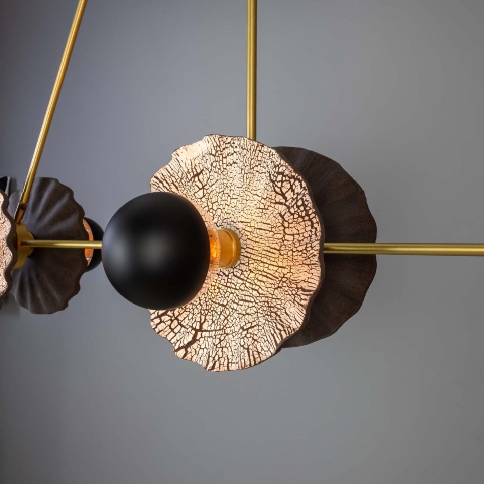 Eclipse Kapok 6-lampors ljuskrona i mässing/svart lera keramik 140 cm