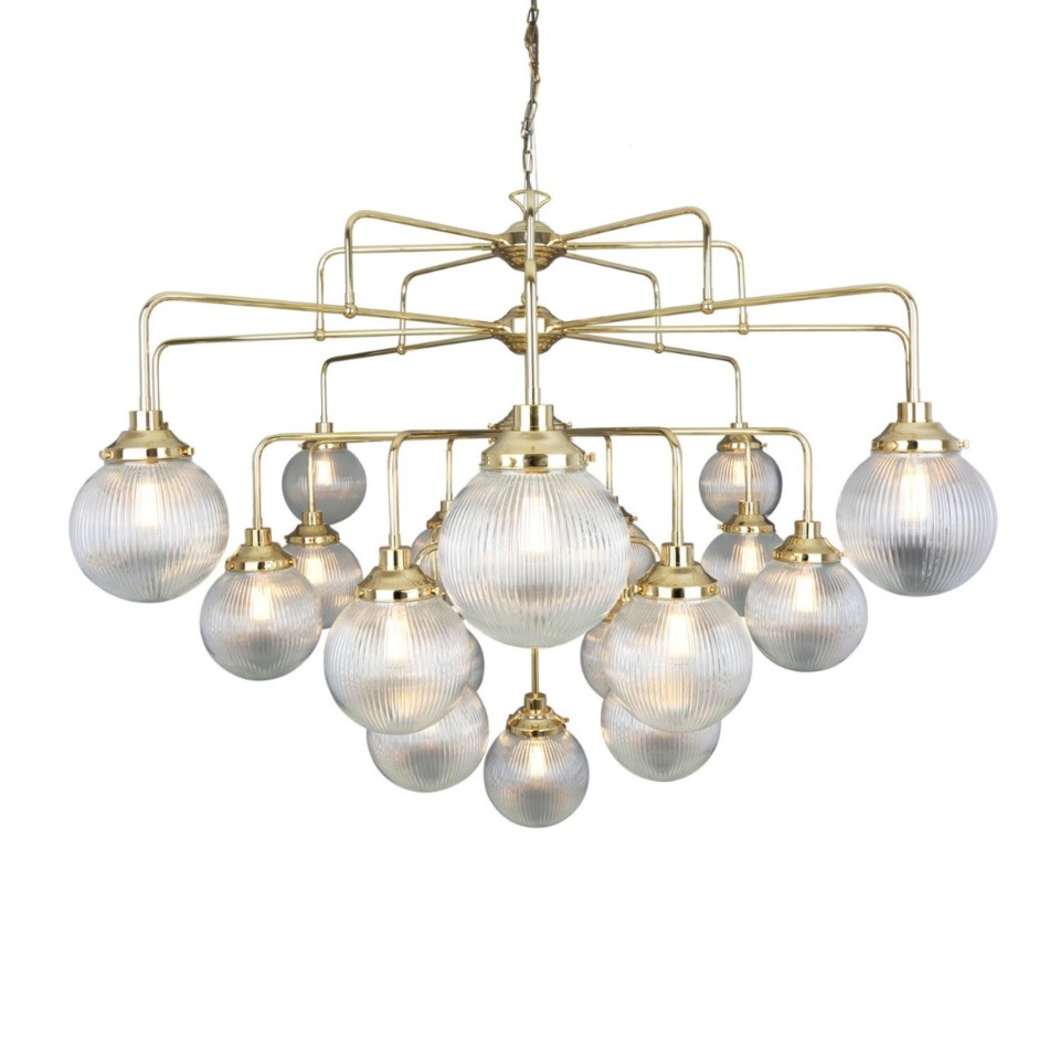 Genoa 21-lt chandelier brass/prismatic glass 158 cm