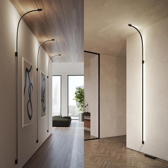 Bow ceiling/wall light matte black/wood 300 cm